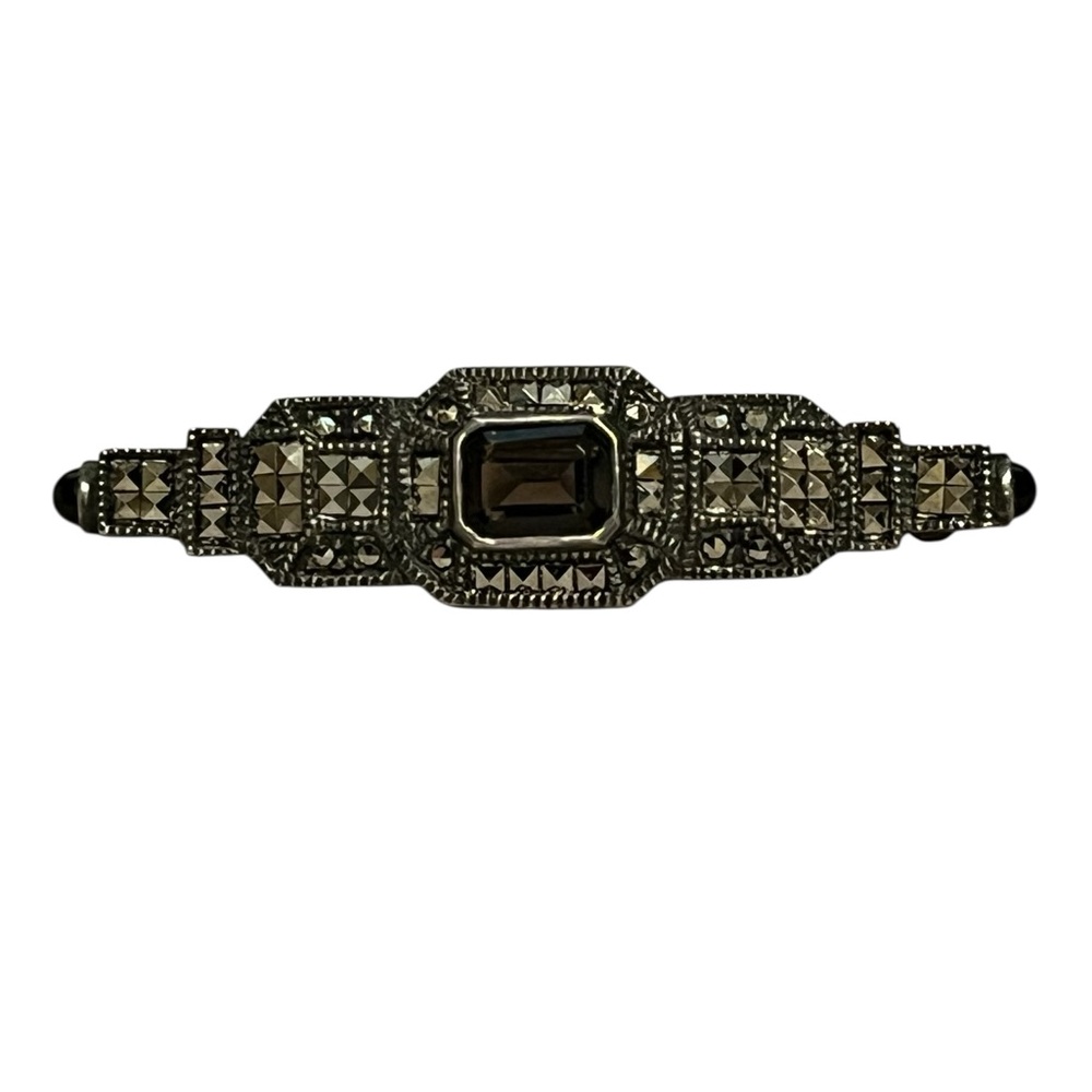 Vintage Judith Jack Art Deco Marcasite bar brooch with topaz center stone.